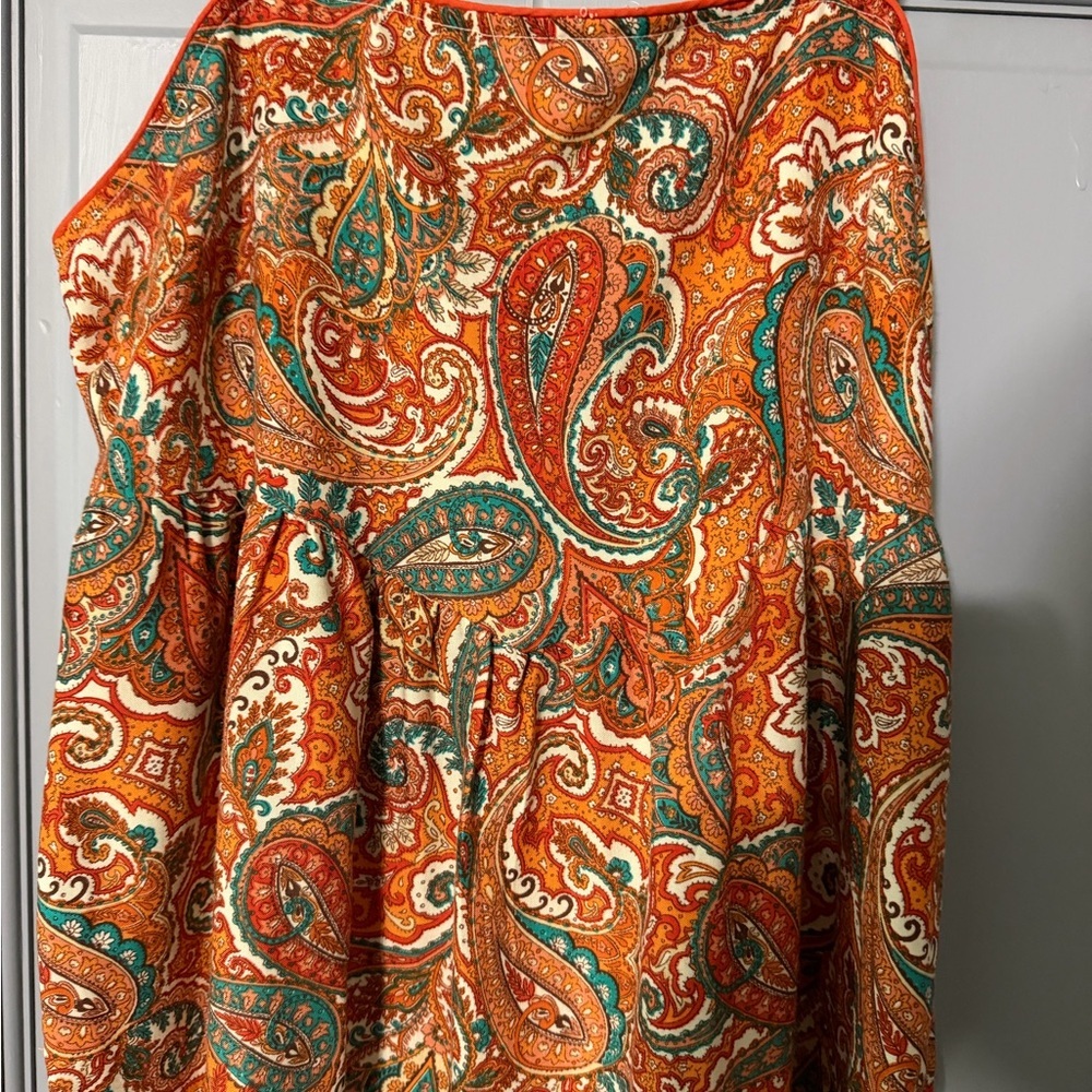 Boho Paisley Midi Dress Orange Green Square Neck Tiered Festival Sundress - Picture 4 of 8
